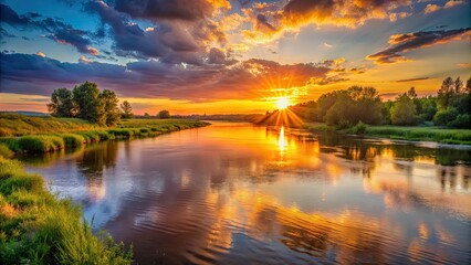 Wall Mural - sunset casting a warm glow over a tranquil river , scenic, nature, river, dusk, serene, colorful, re