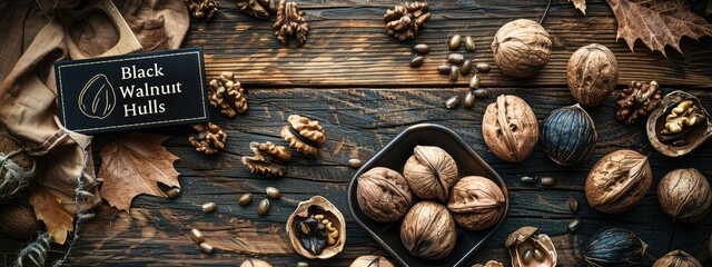 Poster - Black walnut capsules on the table. Selective focus.