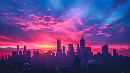 Sticker - Iconic City Skyline Silhouetted Against Colorful Dawn Sky with Tall Buildings