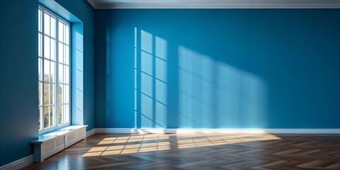 Canvas Print - Shadow fall from the window onto the wall and floor in the blue living room Generative AI