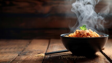 Aufkleber - A bowl of steaming instant noodles sits on a wooden table, inviting viewers with its savory aroma and fresh garnish. Generative AI