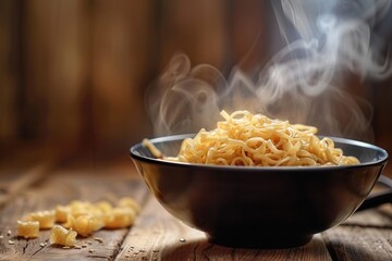 Aufkleber - A bowl of delicious instant noodles emits steam, resting on a rustic wooden table, inviting a comforting and satisfying meal. Generative AI