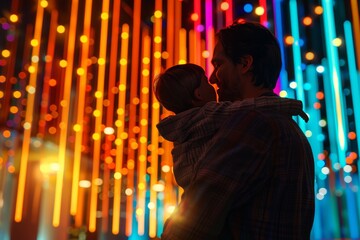 Poster - Romantic embrace in a colorful neon lit environment symbolizing love connection and modern technology