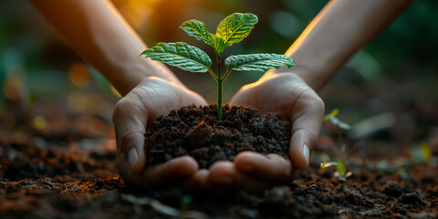 Wall Mural - two hand seedling of deciduous tree in palms