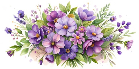 Sticker - Watercolor bouquet of violet flowers stiker Generative By AI