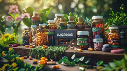 Poster - Supplements and tinctures with flowers and herbs on the table. Selective focus.