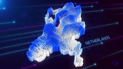 Wall Mural - digital motion 3d perspective dynamic rippling map of netherlands in blue and white, set against dar