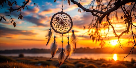 Wall Mural - Dream catcher hanging on a tree Sunset AI-Created Content