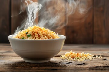 Aufkleber - A bowl filled with steaming instant noodles rests on a wooden table, inviting warmth and comfort. Generative AI