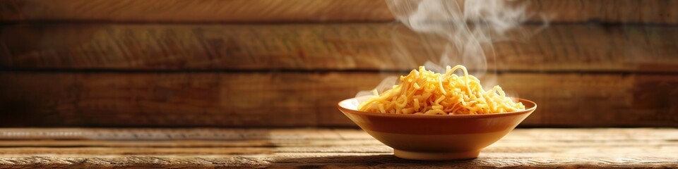 Aufkleber - A bowl of steaming instant noodles sits invitingly on a wooden table, ready to be enjoyed as a comforting meal or snack. Generative AI