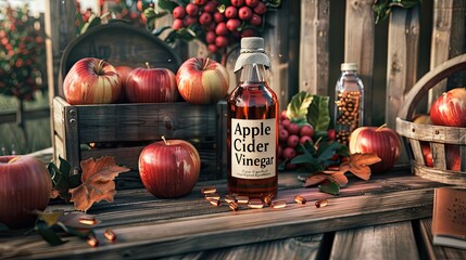 Wall Mural - Apple cider vinegar on the table. Selective focus.