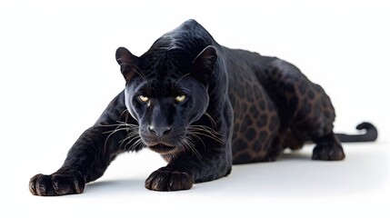 Wall Mural - Sleek Black Panther Crouched and Ready to Pounce on White Background