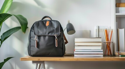 Wall Mural - Minimalist Workspace with Backpack and Books