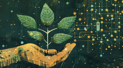 Wall Mural - A stylized drawing of a hand holding a green plant with a digital display showing environmental data, illustrating the connection between nature and technology.