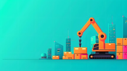 Wall Mural - Futuristic Manufacturing Automation in Vibrant Flat Design - 3D Animation Side View