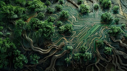 Wall Mural - An intricate illustration of a green circuit pattern merging with plant roots, showcasing the integration of technology and nature.