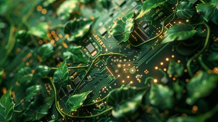 Wall Mural - A creative illustration of a green circuit board with elements of nature, such as leaves and vines, intertwined with the digital components.