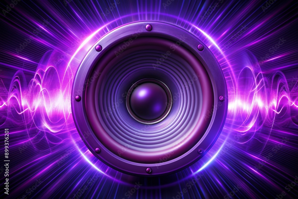 Vibrant purple sound waves emanate from a pulsing audio speaker ...