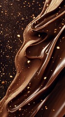 Wall Mural -  Close-up of chocolate liquid streaming down dark background, next to chocolate-covered piece with gold sprinkles ..Or, if you'd like