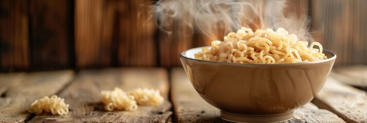 Aufkleber - A steaming bowl of instant noodles sits invitingly on a wooden table, ready to be savored and enjoyed. Generative AI