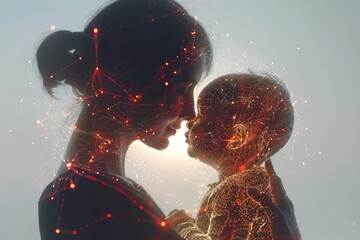 Canvas Print - Tender family moment in a high tech digital environment symbolizing love connection and future possibilities