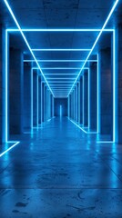 Wall Mural -  A long hallway flanked by blue neon lights, extending to its terminus at the room's end