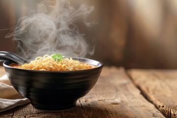 Aufkleber - A steaming bowl of instant noodles sits on a wooden table, inviting with its warmth and delectable aroma, ready to be savored. Generative AI