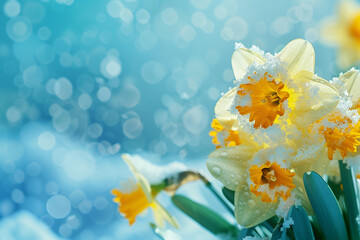 Wall Mural - Daffodils covered in snow with a bokeh background, representing the early signs of spring and the persistence of nature.