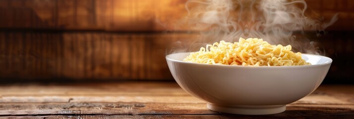 Aufkleber - A bowl of steaming instant noodles sits on a wooden table, releasing vapor into the air, inviting a warm and comforting atmosphere. Generative AI