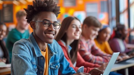 A group of teenagers in a classroom collaborate on a coding task, highlighting the significance of teamwork, problem-solving, and technological proficiency in modern education