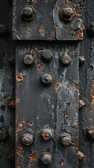 Wall Mural -  A tight shot of a weathered metal surface, adorned with rivets and their corresponding holes