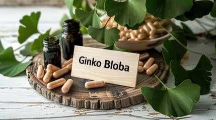 Canvas Print - Ginkgo biloba plant and supplement capsules. Selective focus.