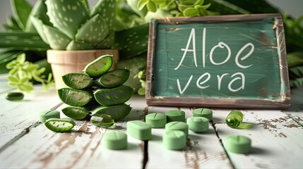 Poster - Aloe vera capsules supplements on the table. Selective focus.