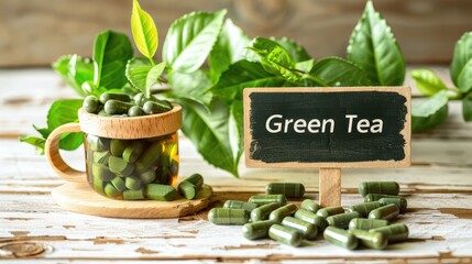 Canvas Print - Green tea capsules supplements on the table. Selective focus.