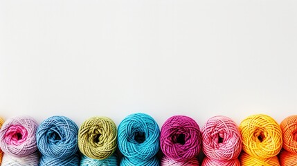 Fototapete - Colorful yarn rolls are neatly arranged in a grid pattern on a bright background, offering ample space for creative text and project ideas. Generative AI