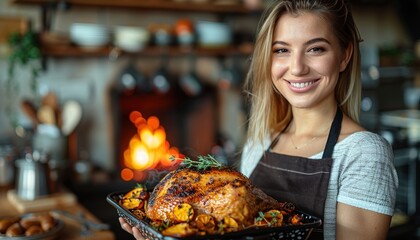 Sticker - Woman holding a roasted turkey 