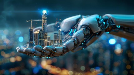 A futuristic robot hand holding a miniature cityscape, symbolizing technology innovation and urban development in a modern metropolis.