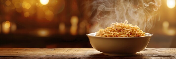 Aufkleber - A steaming bowl of instant noodles sits on a wooden table, inviting and ready to be enjoyed in a warm, cozy atmosphere. Generative AI