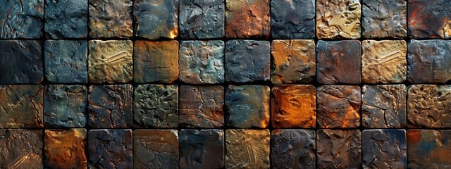 Canvas Print -  A tight shot of a metal wall mosaic, composed of numerous multicolored blocks, displaying a weathered, rust-patterned surface