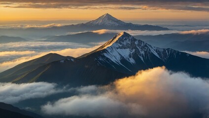 Peak mountain with beautiful yellow sunlight and soft blue clouds at sunrise