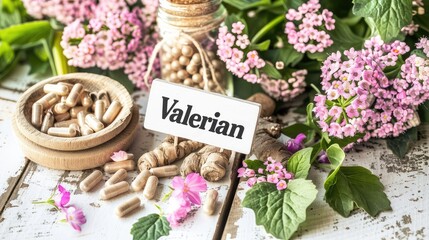 Canvas Print - Valerian supplements flowers and capsules. Selective focus.