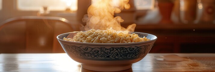 Fototapete - A bowl of steaming instant noodles sits invitingly on a rustic wooden table, releasing fragrant steam as golden light envelops the scene. Generative AI