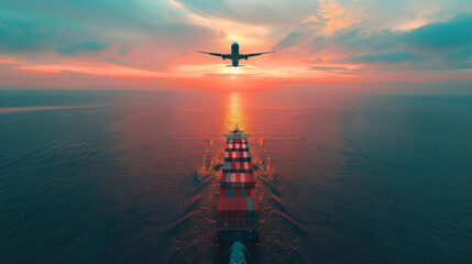 Airplane flying above the cargo ship boat full of colorful containers on sea or ocean water.