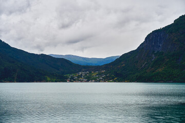 View towards the village of Solvorn by the Lustrafjorden Fjord, Norway.