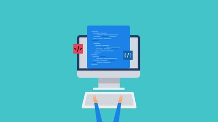 Computer engineer coding with interpreter, software application development programming, technology cloud system conceptual video animation.