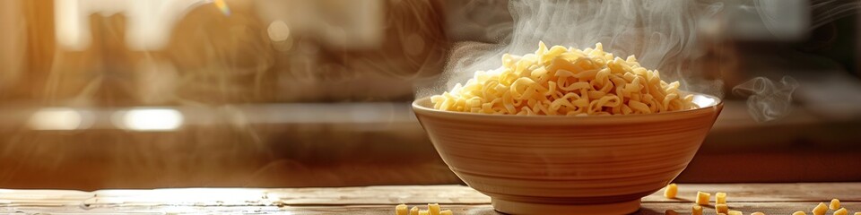 Aufkleber - Steaming instant noodles fill a bowl, releasing warmth and inviting aromas while resting on a wooden table in a cozy atmosphere. Generative AI