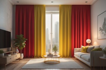 interior of modern living room with window and colorful curtains. ai generative