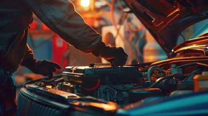 Car mechanic wearing black gloves putting the car battery under the open hood of an automobile vehicle near the motor engine part.