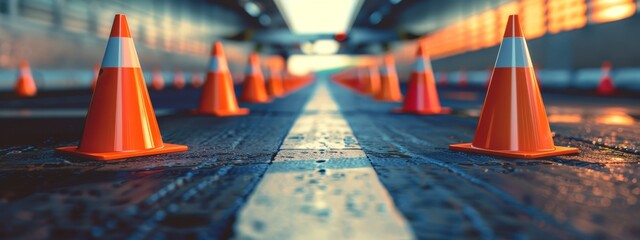 Poster -  A line of orange traffic cones aligns on a wooden floor beside a train track