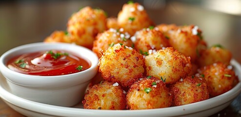 Canvas Print - Golden Tater Tots Served with a Side of Ketchup and a Sprinkle of Sea Salt